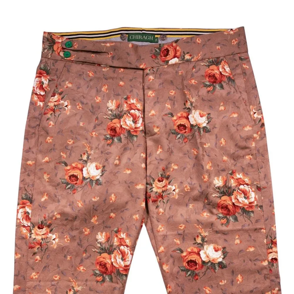 Mens 36 Gurkha Pants Brown Orange Floral Cotton Flat Front Slim Fit Trousers